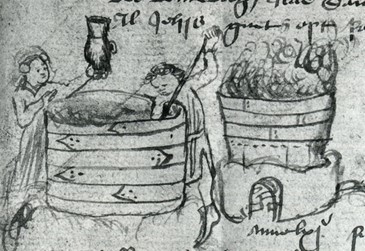 <p>Afbeelding van het brouwproces uit het Kamper stadsboek DecretumDominorum uit 1462. Van Igerman Henrixsz is bekend dat hij brouwer was in Kampen. </p>
